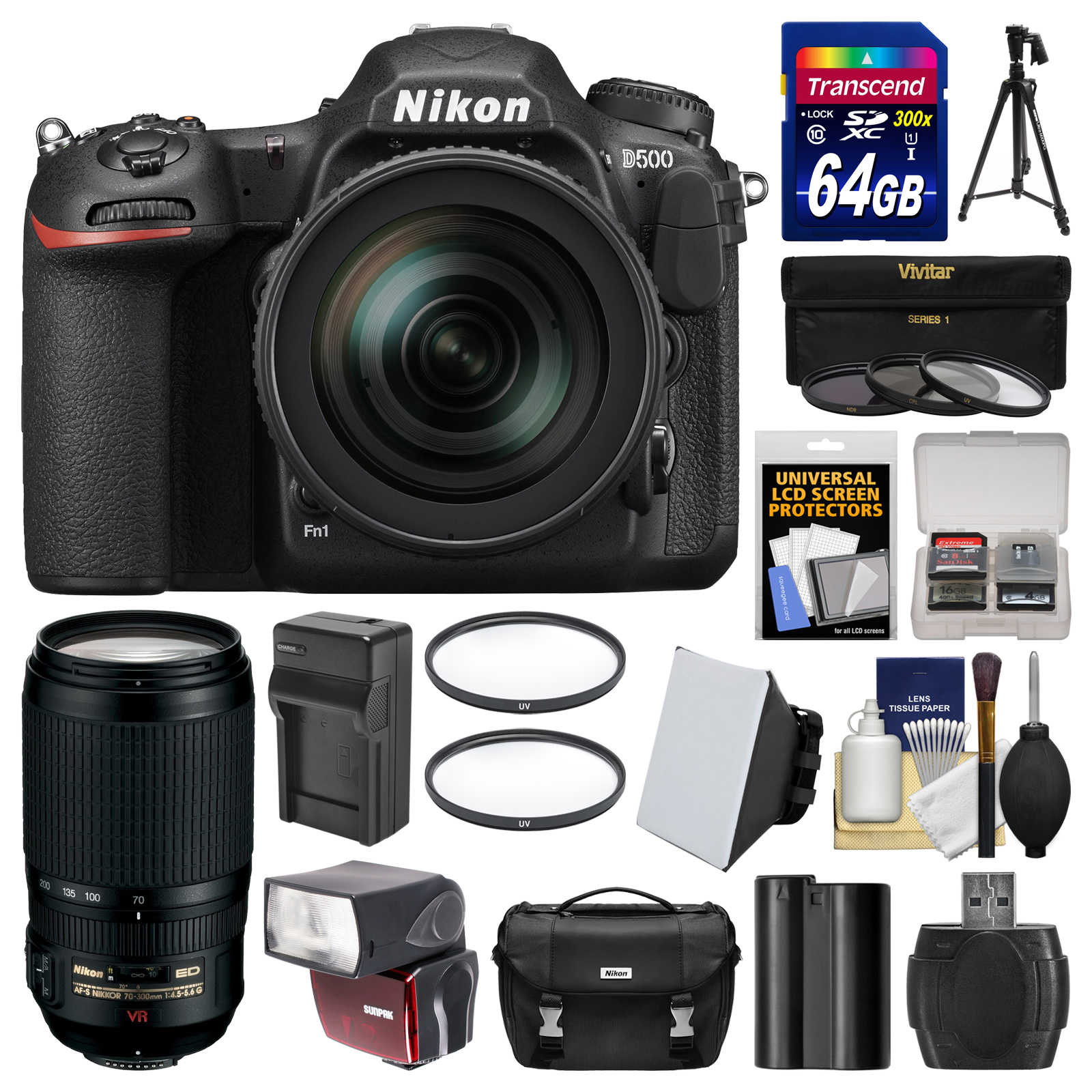 Nikon D500 Wi-Fi 4K Digital SLR Camera & 16-80mm VR with 70-300mm VR Lens + 64GB Card + Case + Flash + Battery & Charger + Tripod + Kit - image 1 of 7