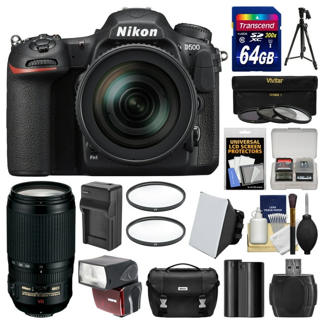 Nikon D500 Wi-Fi 4K Digital SLR Camera & 16-80mm VR with 70-300mm VR Lens + 64GB Card + Case + Flash + Battery & Charger + Tripod + Kit