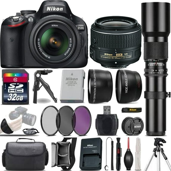 Nikon D5100/D5600 Digital SLR Camera With 18-55mm f/3.5-5.6G VR Lens | 500mm Preset Lens | Sandisk 32GB | Tripod & More Mega Bundle