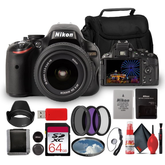 Nikon D5100 Digital SLR Camera with 18-55mm f/3.5-5.6G VR Lens, 16.2MP DX Sensor, Vari-Angle LCD, Beginner to Advanced Photography Kit (25478) + 64GB Card + Camera Bag + More (20pc Bundle)