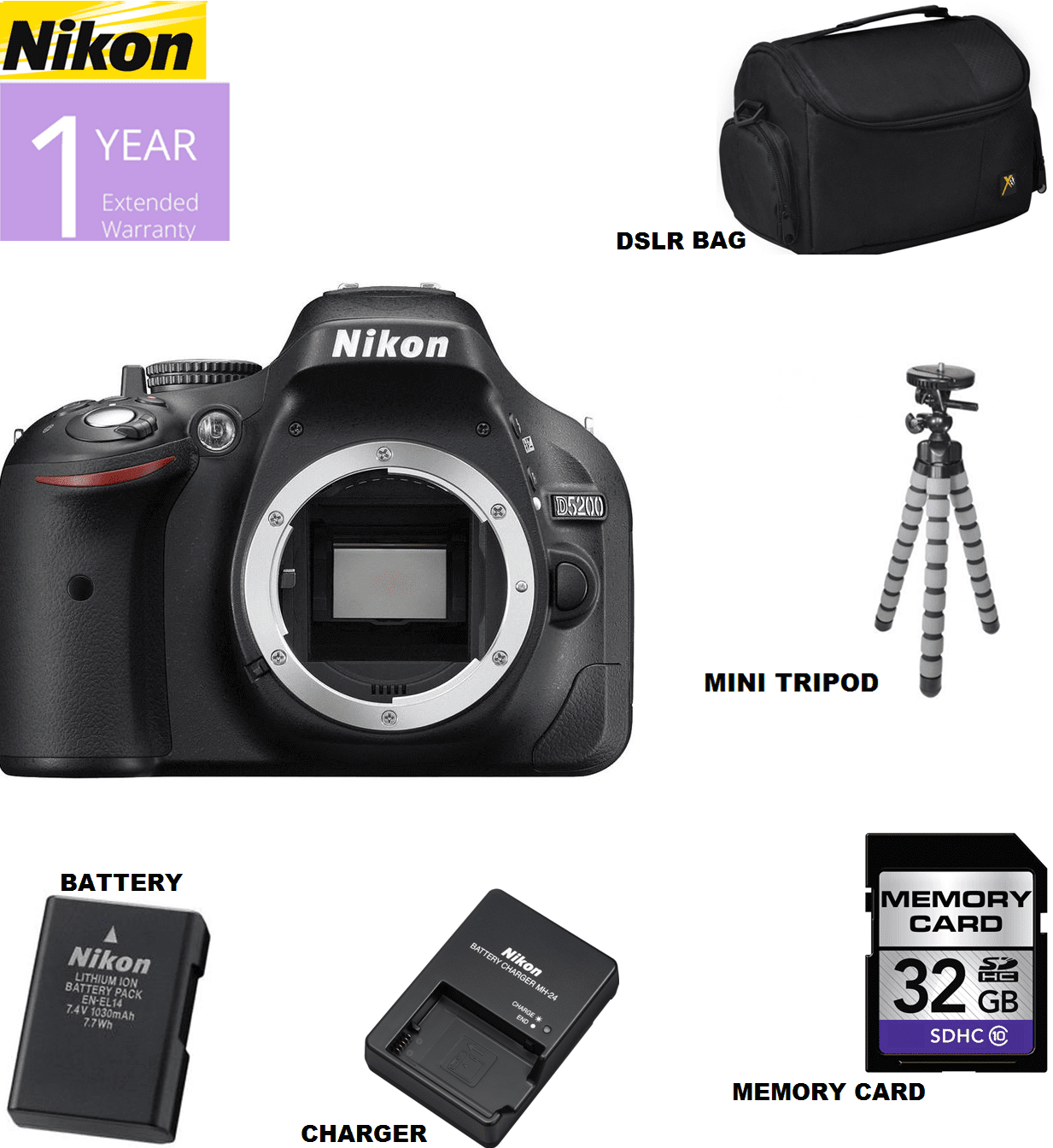 Nikon D5200/D5600 DSLR Camera (Body Only) with Sandisk 32GB 