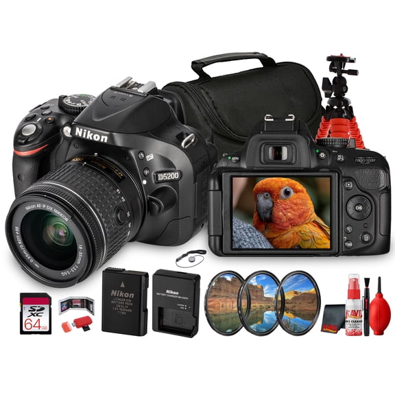 Nikon D5200 DSLR Camera Body (1501), 24.1MP DX APS-C Sensor, 39-Point AF, Vari-Angle Screen + 64GB Memory Card, Camera Bag & Tripod Bundle (International Model)