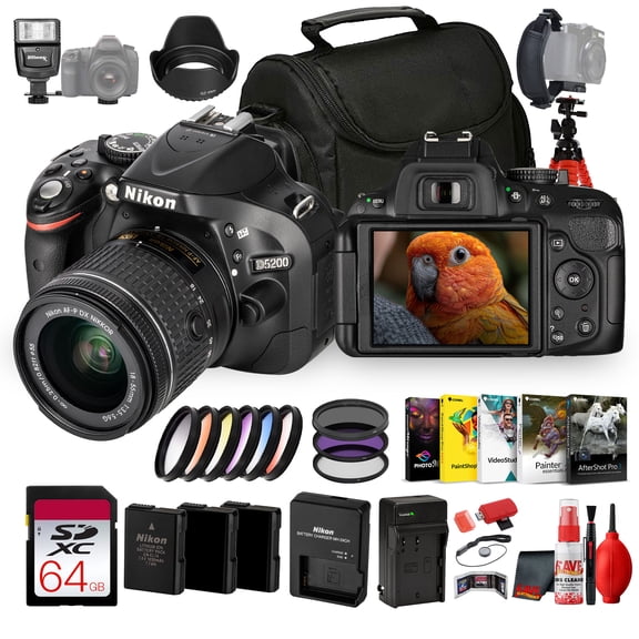 Nikon D5200 DSLR Camera Body 24.1MP APS-C DX Sensor, 39-Point AF, Vari-Angle LCD, Full HD Video (1501) + 64GB Card, Filter Kit, 2 Batteries & Accessories (20pc Bundle)