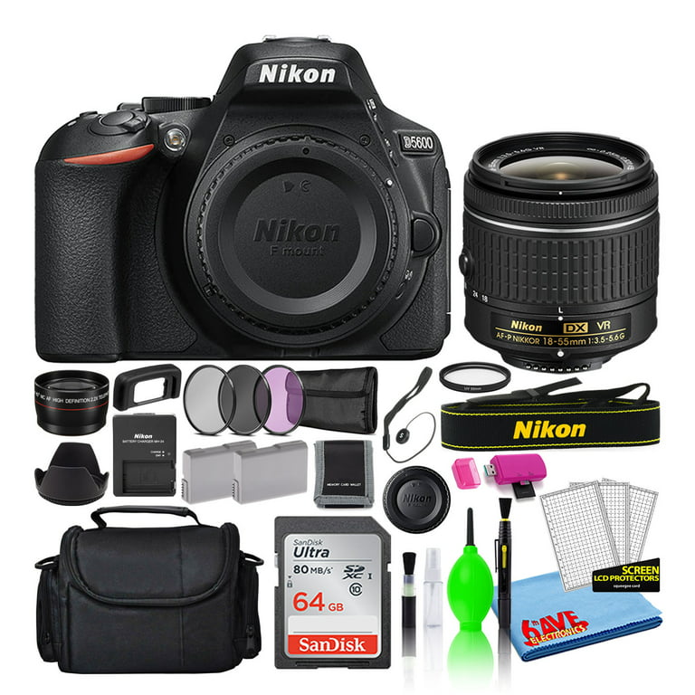 Nikon D5600 24.2MP DSLR Digital Camera with AF-P DX 18-55mm Lens (1576)  Bundle with SanDisk 64GB SD Card + Camera Bag + Filter Kit + Spare Battery  + Telephoto Lens 