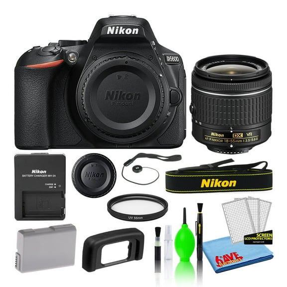Nikon D5600 24.2MP DSLR Digital Camera with AF-P DX 18-55mm Lens (1576) Bundle with 55mm UV Filter + Battery + Battery Charger + Camera Cleaning Kit