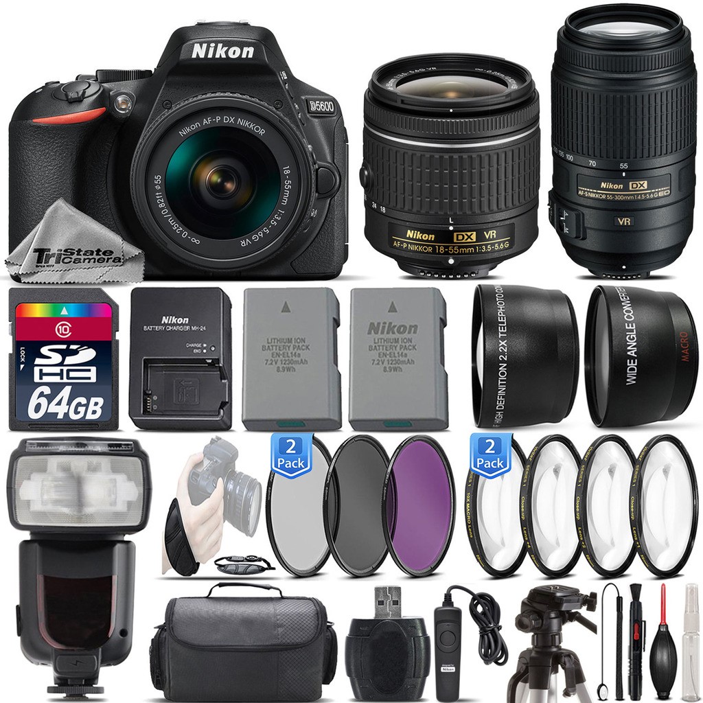 Nikon D5600 DSLR Camera + 18-55mm VR Lens + 55-300mm VR + Flash