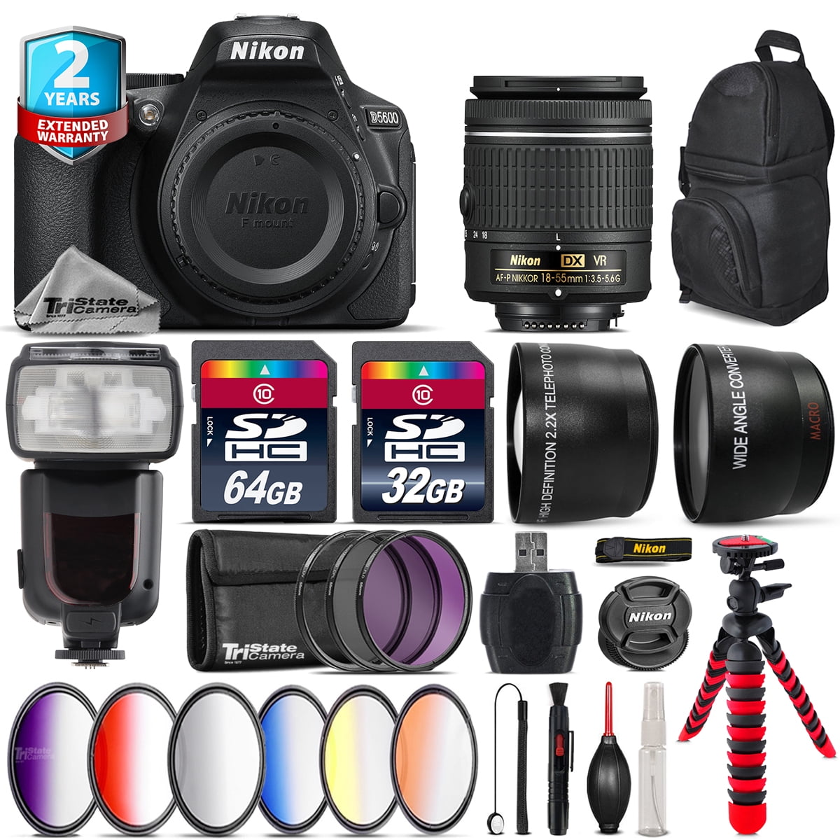 Nikon D5600 DSLR Camera AF-P 18-55mm VR Pro Flash 9PC Filter