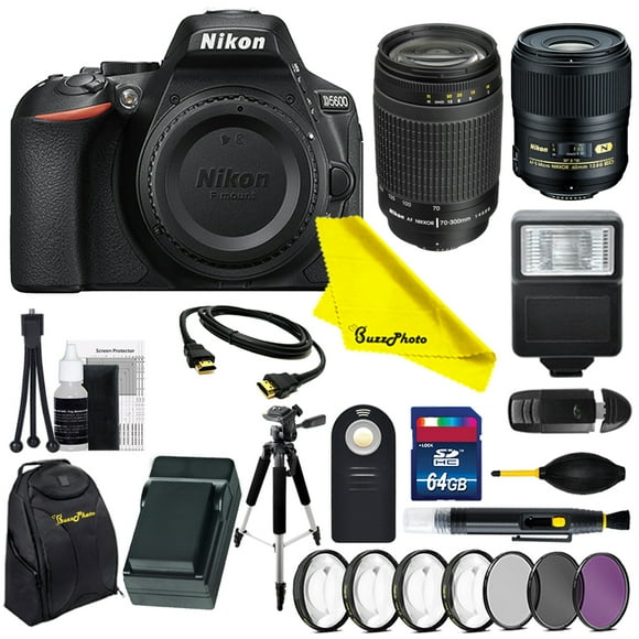 Nikon D5600 DSLR Camera with Nikon AF Zoom-NIKKOR 70-300mm f/4-5.6G Lens and Nikon AF-S Micro NIKKOR 60mm f/2.8G ED Lens + Buzz-Photo Advanced Accessories Bundle