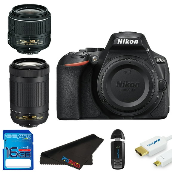 Nikon D5600 DSLR Camera + Nikon AF-P DX NIKKOR 18-55mm f/3.5-5.6G VR Lens + Nikon AF-P DX NIKKOR 70-300mm f/4.5-6.3G ED Lens + 16GB SD Card + Cleaning Cloth + Pixi Starter Bundle Kit