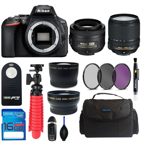 NikonD5600 DSLR Camera + Nikon AF-S DX NIKKOR 18-140mm f/3.5-5.6G ED VR Lens + Nikon AF-S DX NIKKOR 35mm f/1.8G Lens + 16GB SD Card + Camera Case + Tripod + Pixi Basic Bundle Kit