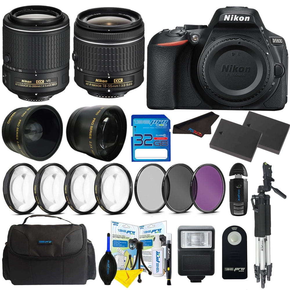 Nikon D5600 DSLR Digital Camera + Nikon AF-P DX NIKKOR 18-55mm f/3.5-5.6G Lens + Nikon AF-S DX NIKKOR 55-200mm f/4.5-5.6G ED VR Lens + Pixi Advanced Bundle Kit