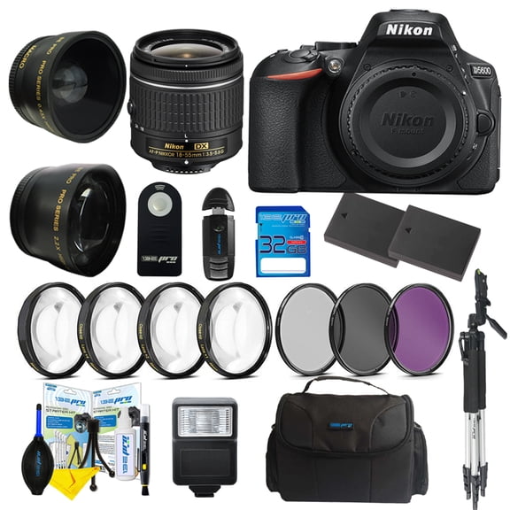 Nikon D5600 DSLR Digital Camera + Nikon AF-P DX NIKKOR 18-55mm f/3.5-5.6G Lens + Pixi Advanced Bundle Kit