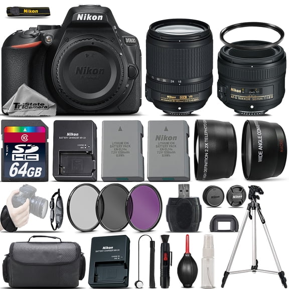 Nikon D5600 Digital SLR Camera + 18-140mm VR + 50mm 1.8G Lens + EXT BATT - 64GB