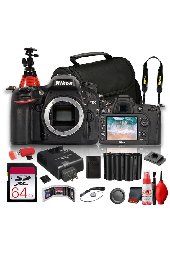 D7100 Body Only DX Format DSLR Camera 24.1MP | Full HD 1080p, 6fps, 51-Point AF, Nikon F Mount + 2x EN-EL15C Batteries + 64GB Memory Card + Flexible Tripod (International Model)