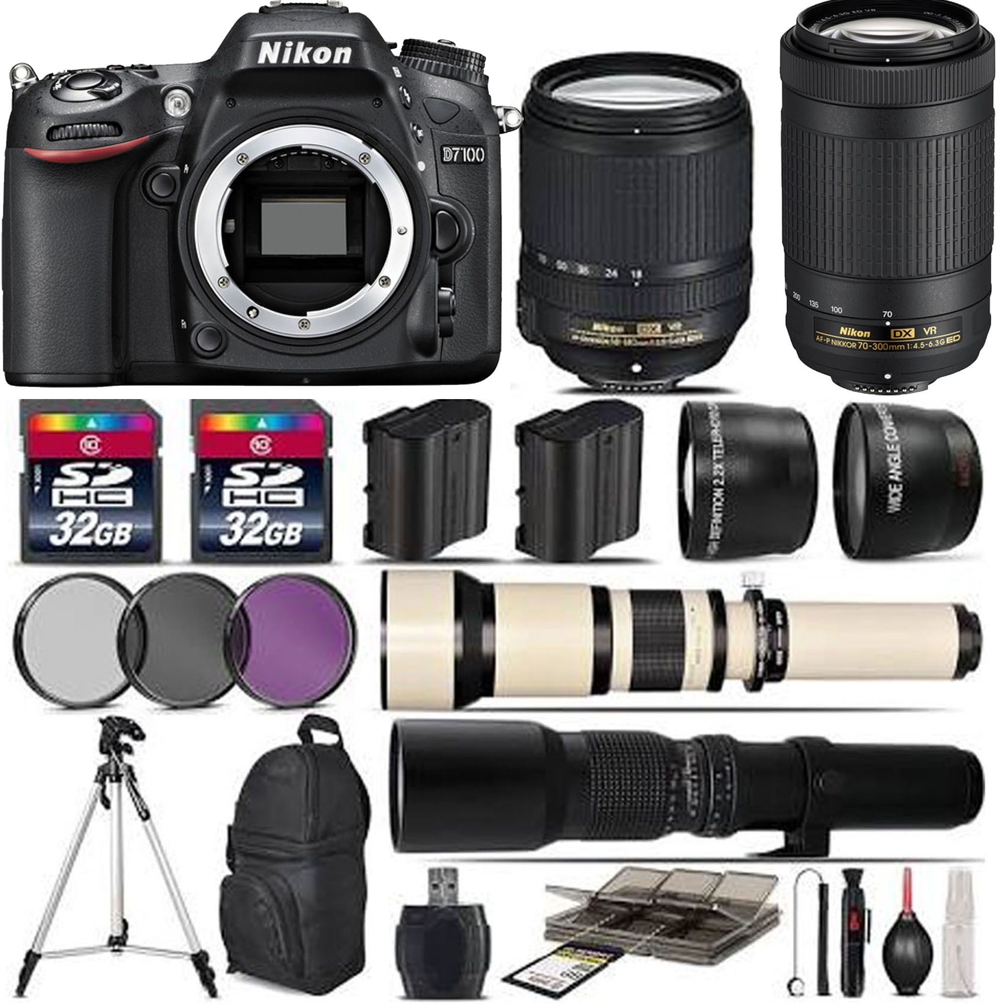 Nikon D7100 DSLR Camera  Nikon 18-55mm VR  70-300mm VR  500mm  Flash - 64GB Kit, Black