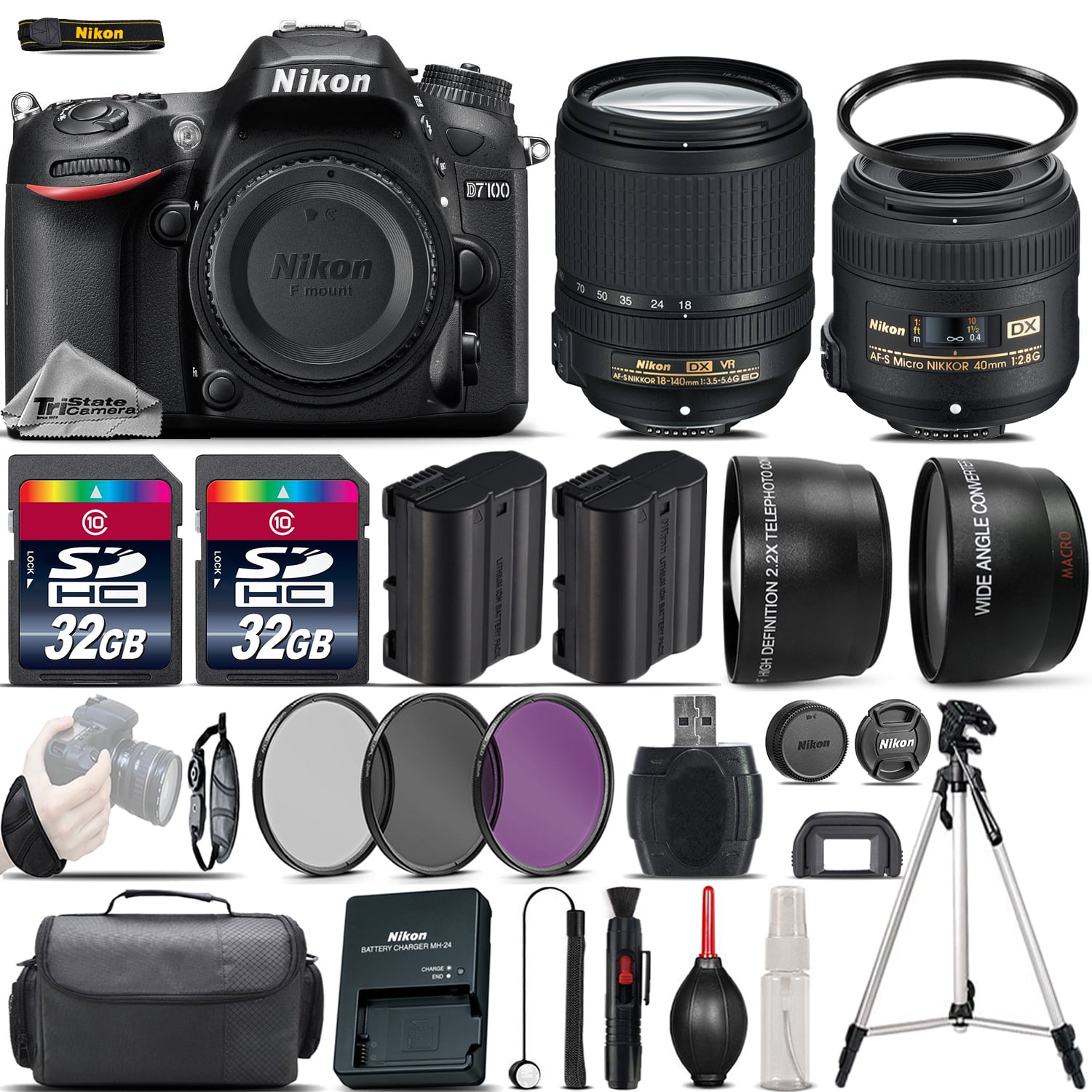 Nikon D7100 Digital SLR Camera + 18-140mm VR + 40mm 2.8G Lens + 64GB -4  Lens Kit