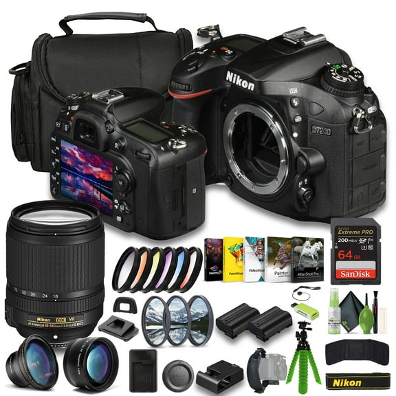 Nikon D7200 24.2 MP DX-Format Digital SLR Camera + EN-EL15C Battery + Extreme PRO 64GB Card + Photo Editing Software + Lens Cap + Nikon AF-S DX NIKKOR 18-140mm F/3.5-5.6G ED VR Lens + More