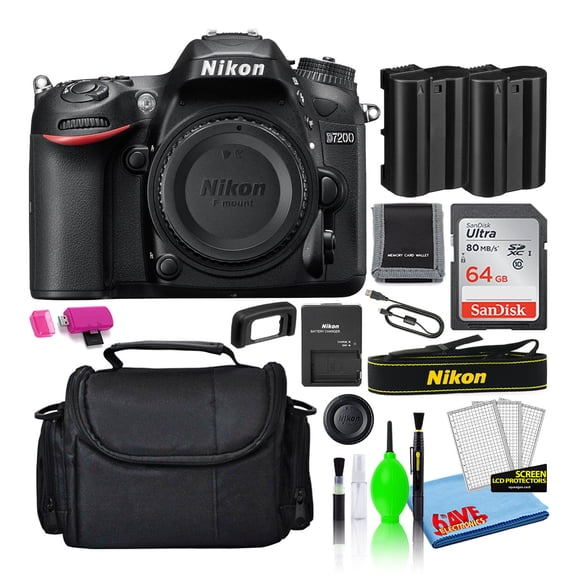 Nikon D7200 24.2MP DSLR Digital Camera (Body Only) (1554) Deluxe Bundle with Sandisk 64GB SD Card + Large Camera Bag + Spare EN-EL15 Battery + Deluxe Camera Cleaning Kit