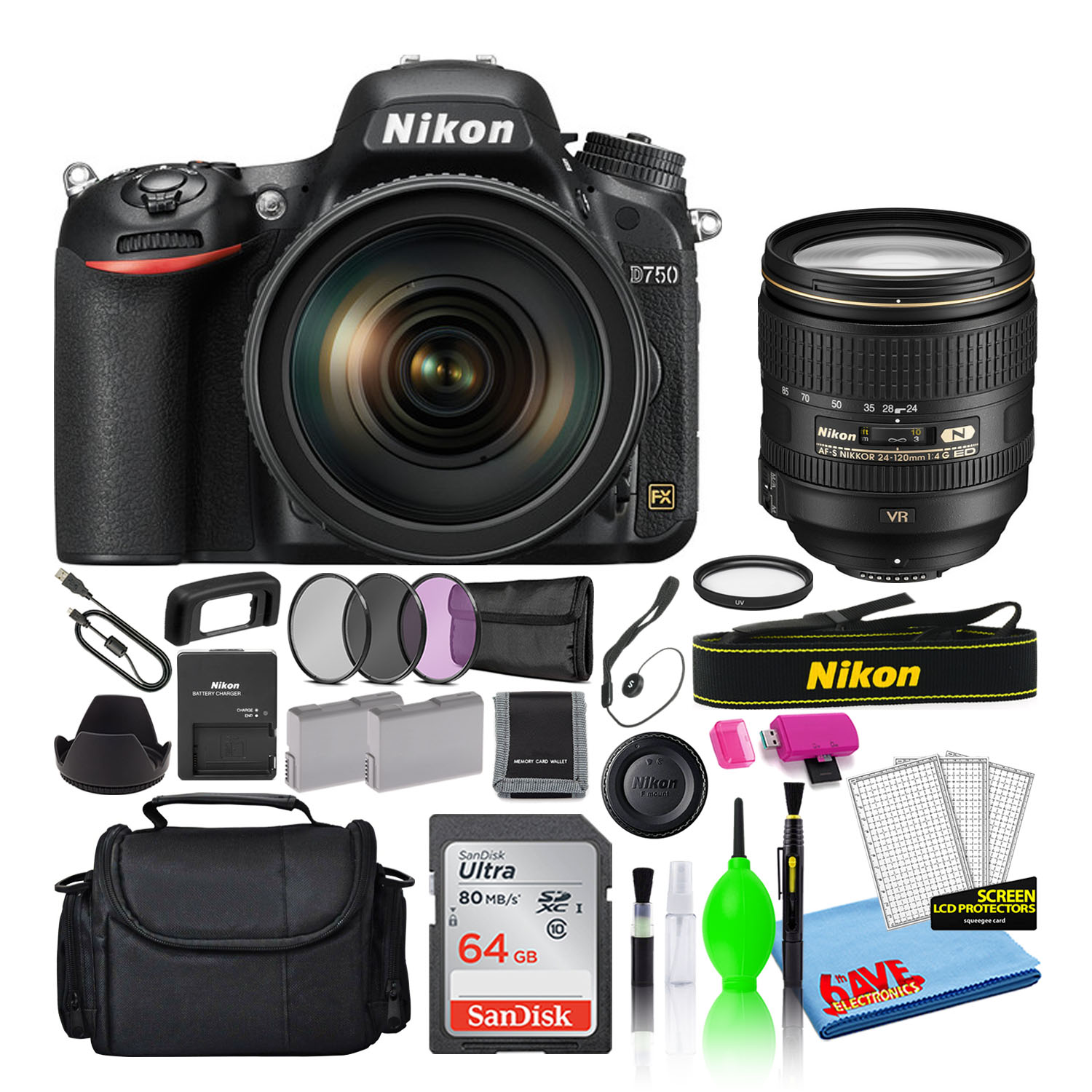 Nikon D750 24.3MP DSLR Digital Camera with 24-120mm VR Lens (1549) Bundle  with SanDisk 64GB SD Card + Camera Bag + Filter Kit + Spare Battery +  Camera
