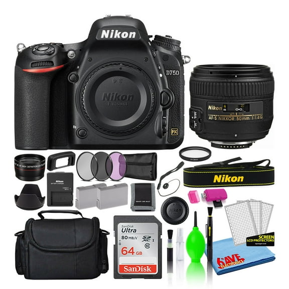 Nikon D750 DSLR Camera Bundle with AF-S 50mm f/1.4G Lens, 64GB SD Card, Camera Bag, Filter Kit, Spare Battery & Telephoto Lens (International Model)