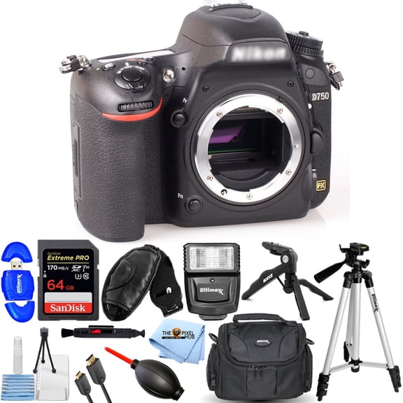 Nikon D750 DSLR Camera (Body Only, Black) (International Model)+ 64GB + Flash + Tripod Bundle