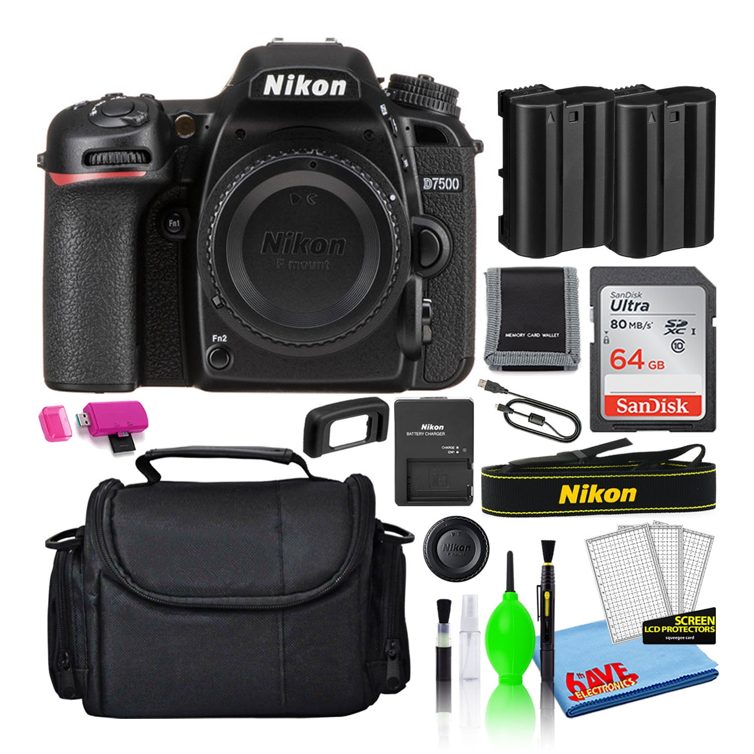 Nikon D7500 20.9MP DSLR Digital Camera Body Only 1581 Bundle with Sandisk 64GB SD Card Camera Bag Spare EN EL15 Battery Camera Cleaning Kit