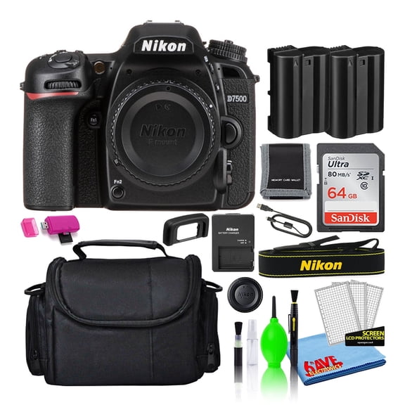Nikon D7500 20.9MP DSLR Digital Camera (Body Only) (1581) Bundle with Sandisk 64GB SD Card + Camera Bag + Spare EN-EL15 Battery + Camera Cleaning Kit