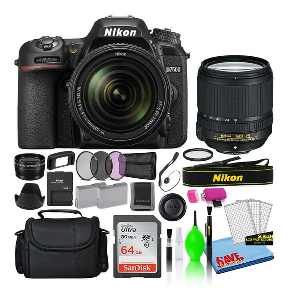 Nikon D7500 20.9MP DSLR with 18-140mm VR Lens, 64GB SD Card, Camera Bag, Filter Kit, Spare Battery