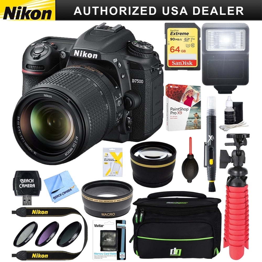 Nikon D7500 20.9MP DX-Format Digital SLR Camera + AF-S 18-140mm f/3.5-5.6G ED VR Lens Bundle w/64GB Card, Bag, Paintshop Pro 2018 & Accessories |Official Nikon Partner