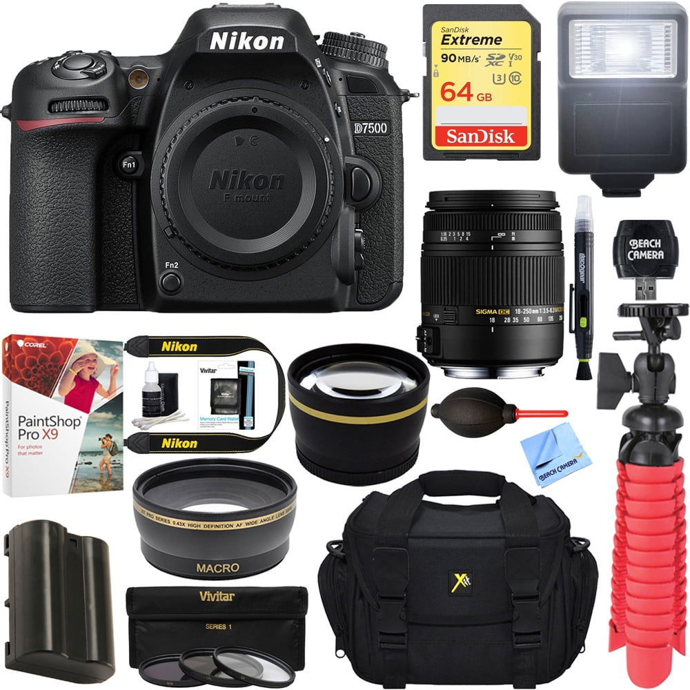  Nikon D7500 DSLR Camera with 18-140mm Lens (1582) + 64GB  Memory Card + Case + Corel Photo Software + 2 x EN-EL 15 Battery + Card  Reader + LED Light +