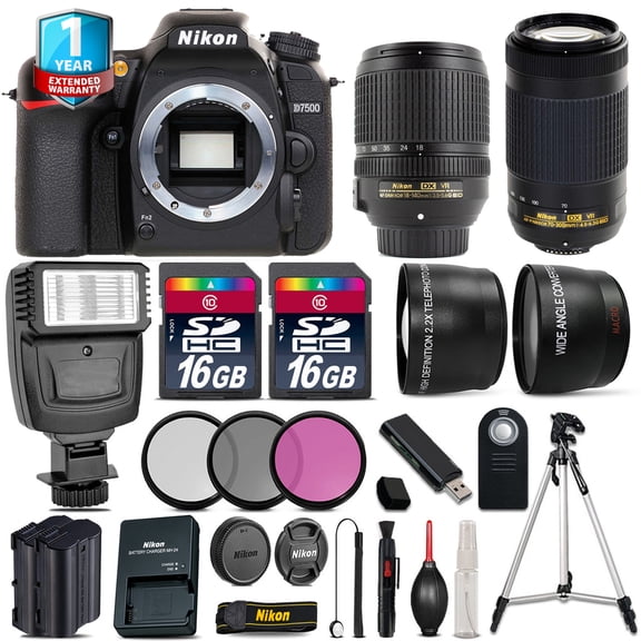 Nikon D7500 Camera + AFS 18-140mm VR + 70-300mm + Flash + EXT BAT + 1yr Warranty (International Version)