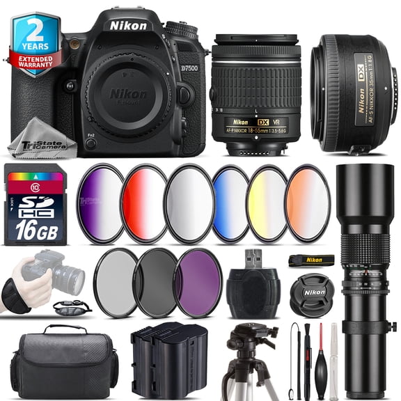 nikon d7500 dslr + af-p 18-55mm vr + 35mm f/1.8 lens + extra battery - 16gb kit