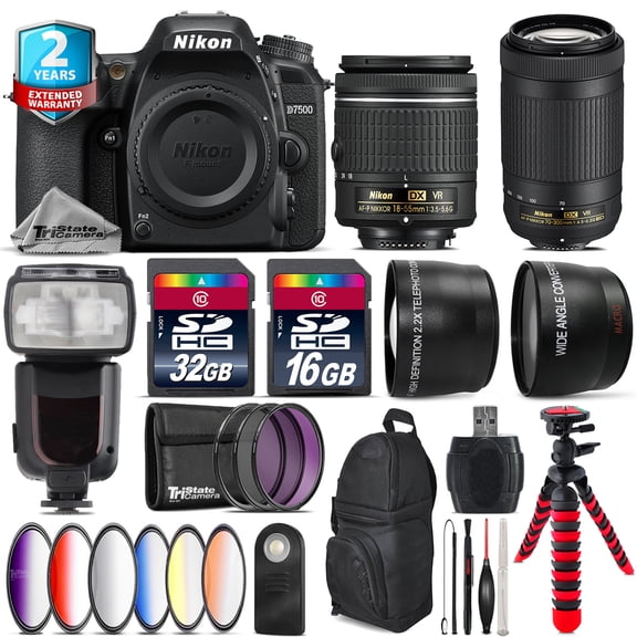 Nikon D7500 DSLR + AF-P 18-55mm VR + AFP 70-300mm VR + Pro Flash - 48GB Kit (International Version)