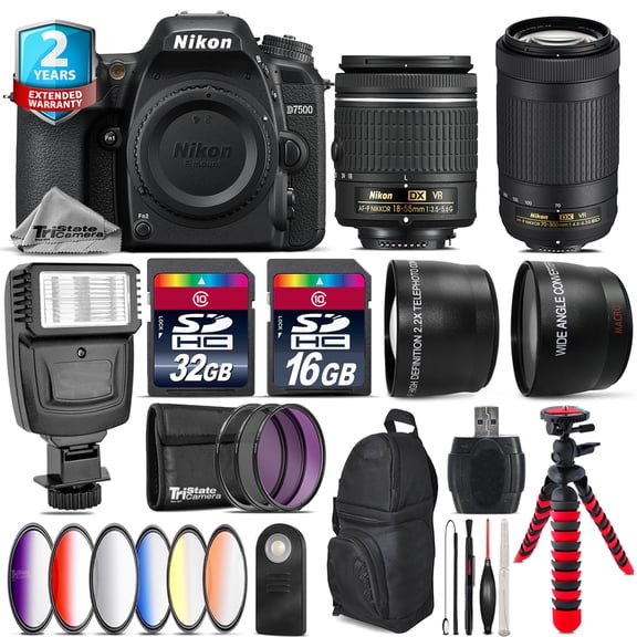 nikon d7500 dslr + af-p 18-55mm vr + afp 70-300mm vr + slave flash - 48gb kit