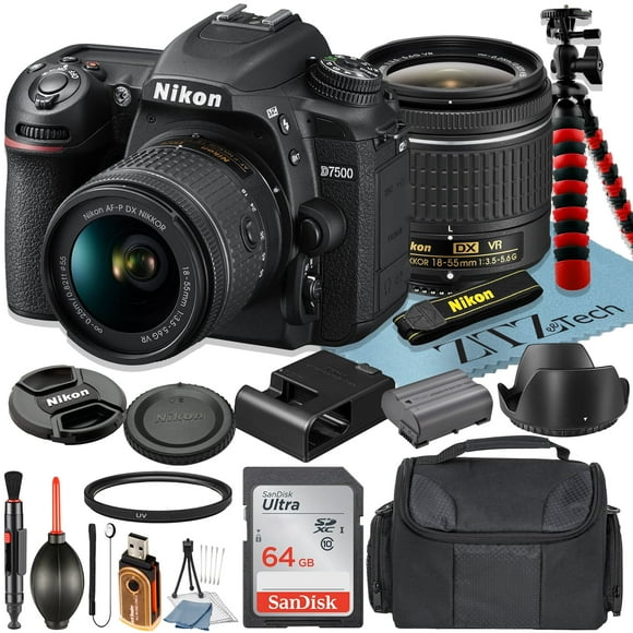 Nikon D7500 DSLR Camera 20.9MP with AF-P 18-55mm VR Lens + SanDisk 64GB Memory Card + Case + Tripod + UV Filter + ZeeTech Accessory Bundle