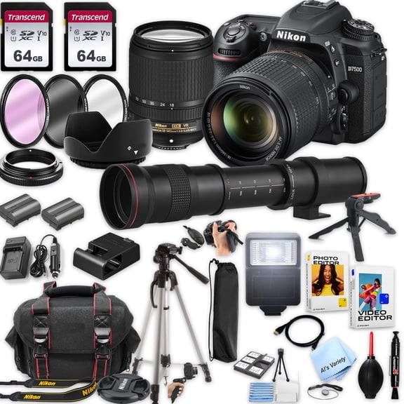 Nikon D7500 DSLR Camera 39-Piece Bundle with Lenses, Memory, Case, Tripod, Black (International Version)