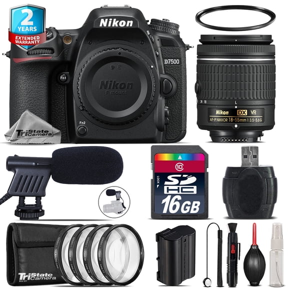 Nikon D7500 DSLR Camera + AF-P 18-55mm VR + Shoutgun Mic + 4PC Macro Kit - 16GB