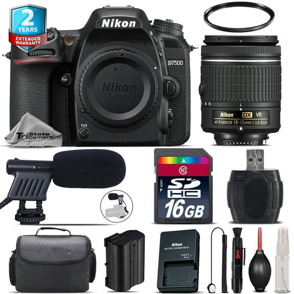Nikon D7500 DSLR Camera + AF-P 18-55mm VR + Shoutgun Mic + UV + Case - 16GB Kit (International Version)