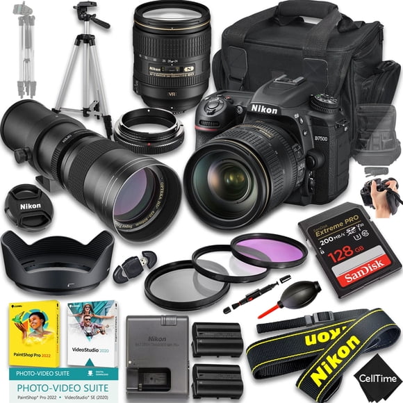Nikon D7500 DSLR Camera with AF-S NIKKOR 24-120mm f/4G ED VR And 420-800mm f/8 Super HD Telephoto Lens + 128 GB Memory + Extra Battery + Camera Case + More (25pc Bundle) (International Version)