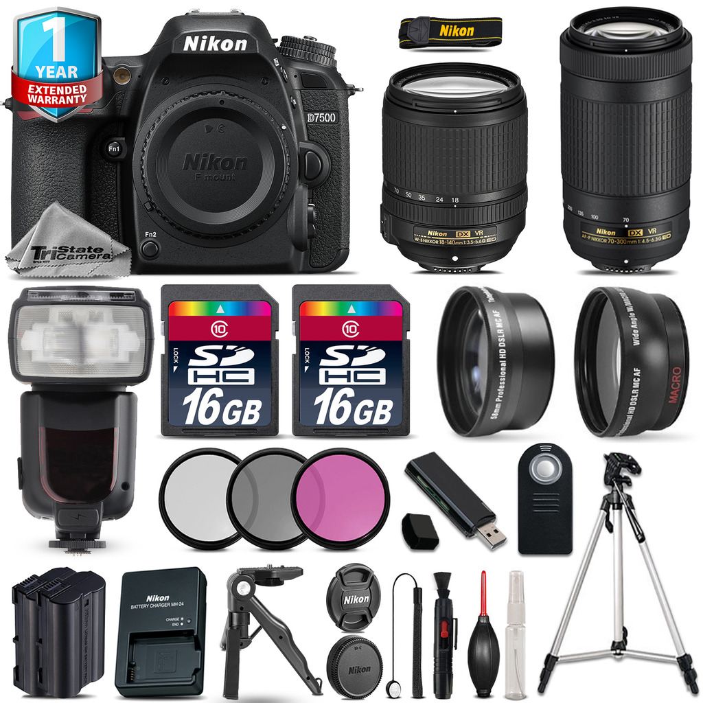 Nikon D7500 DSLR Camera + AFS 18-140mm VR + 70-300mm VR + EXT BAT + 1yr Warranty - image 1 of 11