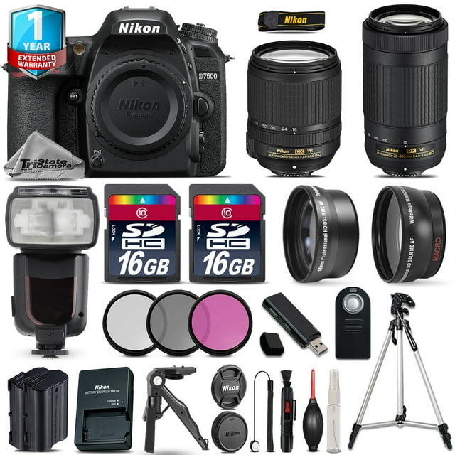 Nikon D7500 DSLR Camera + AFS 18-140mm VR + 70-300mm VR + EXT BAT + 1yr Warranty