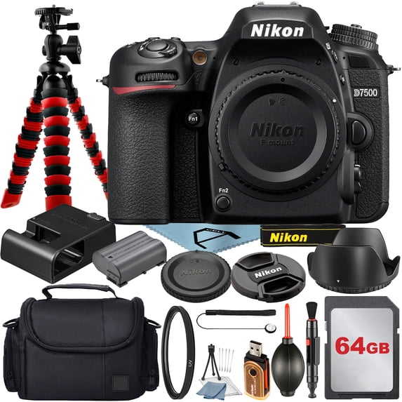 Nikon D7500 DSLR Camera (Body Only) 20.9MP DX-Format CMOS Sensor with 64GB Memory Card + Case + Tripod + UV Filter + A-cell Accessory Bundle