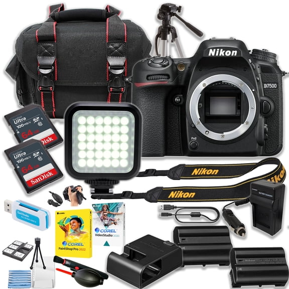 Nikon D7500 DSLR Camera (Body Only) + 2pc SanDisk 64Gb Ultra Memory Card + 15 Inch Tripod + Camera Case + More (18pc Bundle) (International Version)