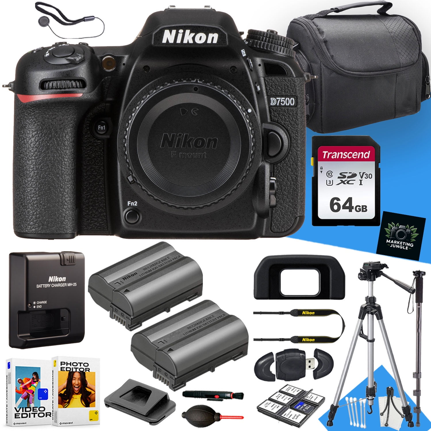 Nikon D7500 DSLR Camera (Body Only) + 64 GB Memory + Tripod + Monopod + Extra Battery + Deluxe Cleaning Kit + More (21pc Bundle)