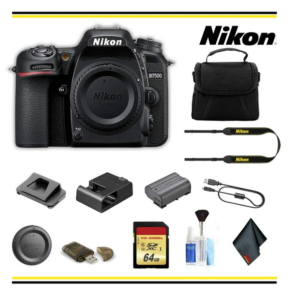 Nikon D7500 DSLR Camera 20.9MP Body Only 4K Video Bundle 64GB Card Case Cleaning Kit (International Model)