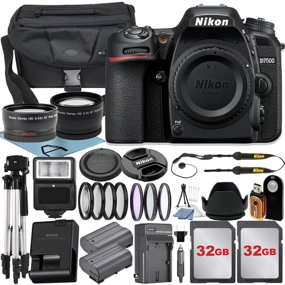 Nikon D7500 DSLR Camera (Body Only) with 2pcs 32GB Memory Card + Case + Tripod + Wideangle + Telephoto + A-Cell Accessory Bundle