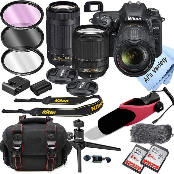 Nikon D7500 DSLR Camera Kit with 18-140mm VR + 70-300mm Zoom Lenses Built-in Wi-Fi20.9 MP CMOS Sensor 128Gb Memory Shotgun Condenser Micro Phone 18pc Bundle(International Model)