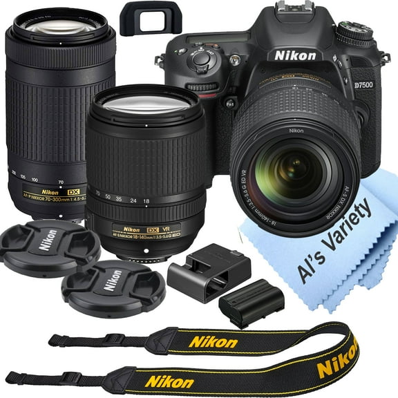 Nikon D7500 DSLR Camera Kit with 18-140mm VR + 70-300mm Zoom Lenses Built-in Wi-Fi20.9 MP CMOS Sensor EXPEED 5 Image Processor and Full HD 1080p SnapBridge Bluetooth Connectivity