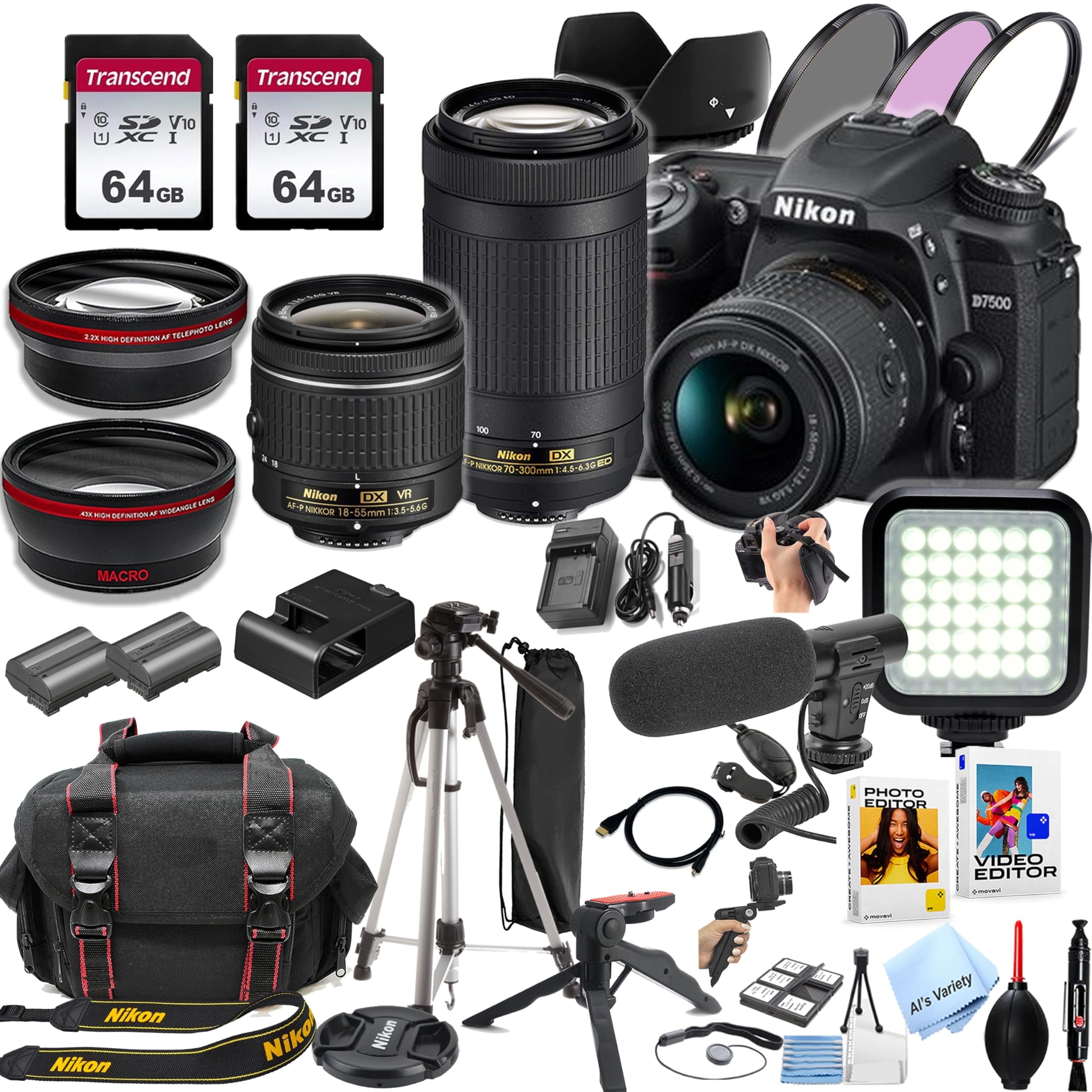 Nikon D7500 DSLR Camera Kit with 18-55mm VR, 70-300mm Lenses, 128GB SD Card