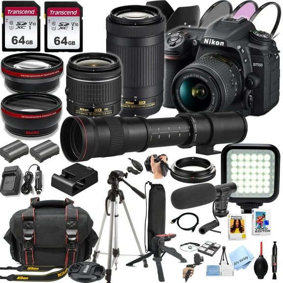 Nikon D7500 DSLR Camera Kit with 18-55mm VR & 70-300mm Lenses + 420-800mm Lens + 128GB Memory, LED Light, Microphone, Spare Battery, Filters, Case, Tripod, and More (49pc Video Bundle)